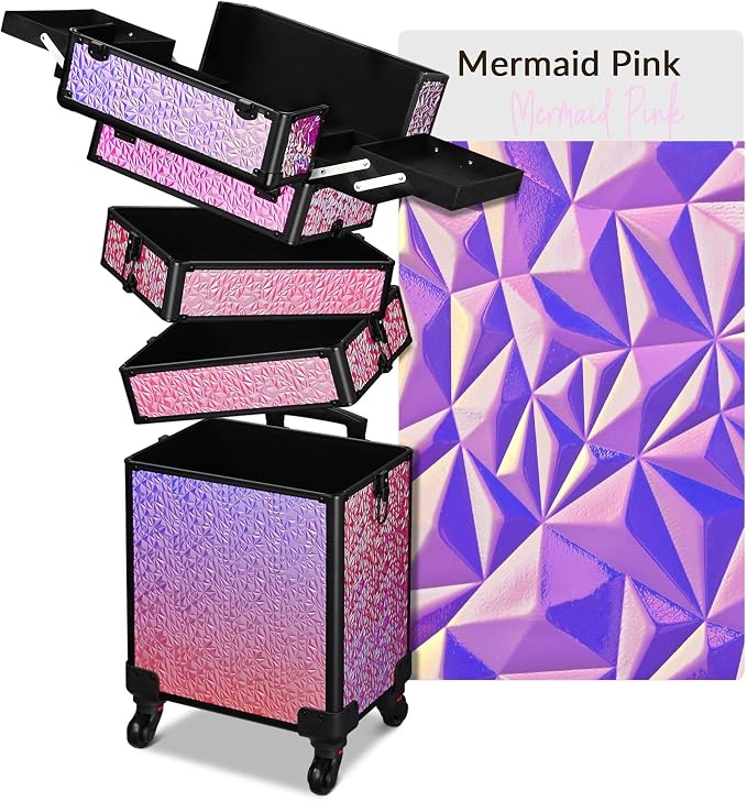 BYOOTIQUE Rolling Makeup Case 4in1 Cosmetology case on wheels Makeup Artist | Aluminum Rolling Makeup Suitcase with 360° Detachable Wheel Lockable 54Lb Large Capacity Organizer Nail Tech Mermaid Pink by BYOOTIQUE