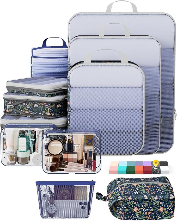 Veken 11 Set Compression Packing Cubes Garment Bags for Travel Essentials,Compressible Expandable Luggage Organizer Bags,Space Saver Bags with Over 1000 pcs of Mesh Holes(Dark Blue Floral) by Veken