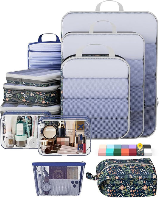 Veken 11 Set Compression Packing Cubes Garment Bags for Travel Essentials,Compressible Expandable Luggage Organizer Bags,Space Saver Bags with Over 1000 pcs of Mesh Holes(Dark Blue Floral) by Veken
