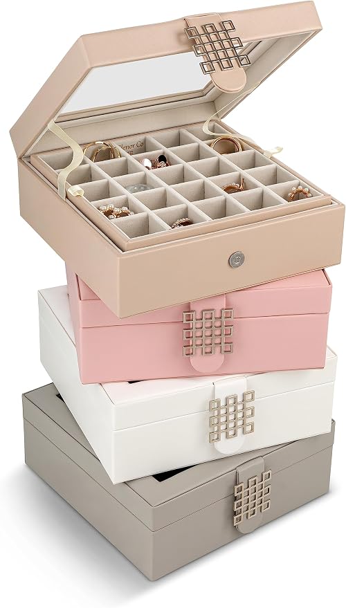 Glenor Co Earring Organizer - Classic 50 Section Jewelry Box/Case/Holder for Earrings, Rings, Necklaces, Jewelry, Cufflinks or Collections -2 Layer Small Compartments with Large Glass Top - Soft Pink - Image 6