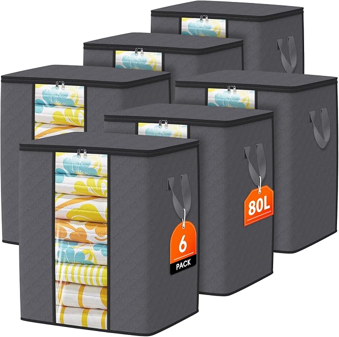 SpaceTrove Clothes Storage Bags, 6-Pack Comforter Blanket Organizers, 80L Large Capacity Containers with Visual Window for Clothing, Quilt, Sheet, Pillow, Closet Organization for Bedding (Grey) by Unknown