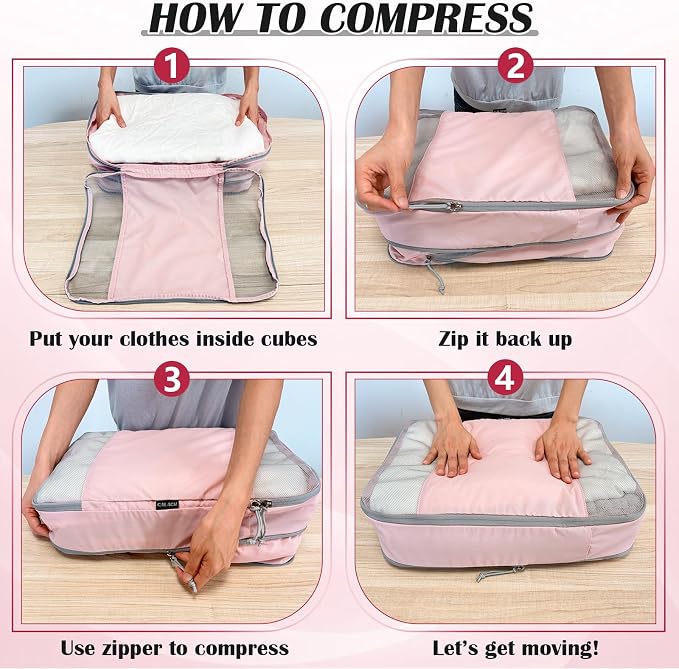 Extra Large Compression Packing Cubes, 2 Set Compression bags for Travel Packing Organizer, Expandable Compression Cubes for Travel, Pink Mesh - Image 5
