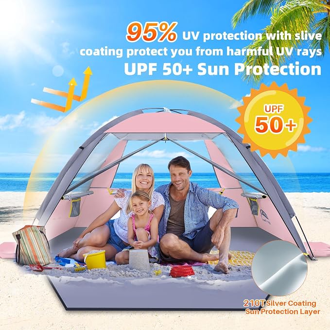 Happy Travel Beach Tent Sun Shelter for 3/4/5/6/7/8 Person, Portable UPF 50+ UV Protection Beach Shade Canopy for Family & Baby, Lightweight & Easy Setup Beach Cabana with 3 Ventilation Mesh Windows - Image 4