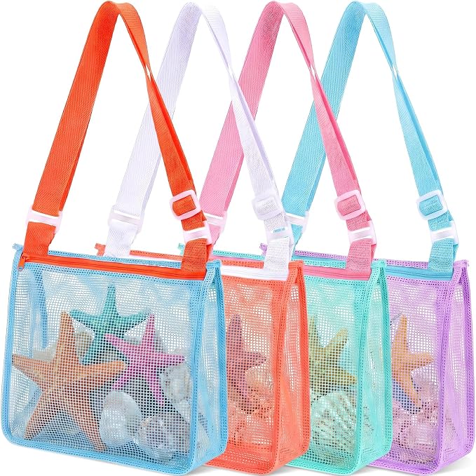 Frienda 4 Pcs Mesh Beach Bag Beach Seashell Bag Shell Collecting Sand Toy Totes Colorful Swimming Accessories Storage Pouch with Adjustable Carrying Straps for Men and Women (Colors D) by Frienda