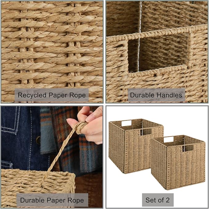 Vagusicc Wicker Storage Basket, Set of 2 Hand-Woven Storage Baskets for Shelves with Handles Foldable Cube Storage Baskets Bins, 9 inch Wicker Baskets for Pantry Bedroom Organizer &Decor, Natural - Image 5
