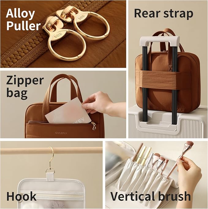 GIVLEFLY Luxury Hanging Makeup Bag for Women, Large 4-Layer Foldable Waterproof Cosmetic & Skincare Organizer with Handle, Fits Suitcase & Train Seat for Travel（brown） - Image 7