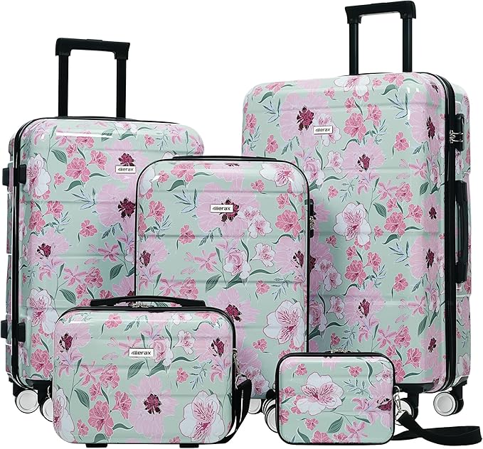 Merax 5 Piece Luggage Set with Spinner Wheels, Light Suitcase 8/14/20/24/28 | Durable Carry on Luggage with Handbag and Cosmetic Case Suitable all Ages,Green Pink Flower by Merax