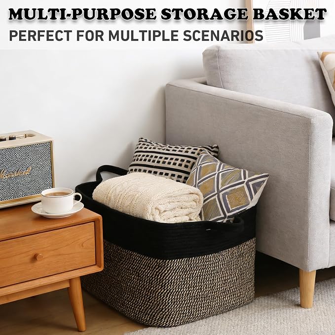 96L XXXLarge Woven Laundry Basket with Sturdy Handles - Black/Jute | Machine washable,Space-Saving Collapsible Design,Cotton rope, blanket basket living room,for toys clothes nursery bathroom - Image 6