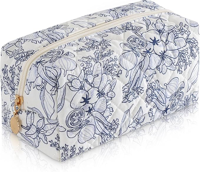 Makeup Bag Travel Toiletry Bag for Women, Small Cosmetic Bags Cute Quilted Cotton Makeup Pouch for Purse Emergency Bag Pencil Case Accessory Bag, Light Cyan by Unknown