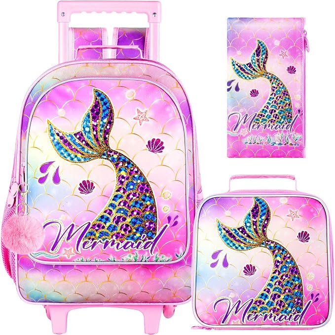 HPJGD 3PCS Mermaid Rolling Backpack for Girls, Kids School Backpacks with Wheels, Water Resistant UV Printed Roller Wheeled Bookbag Set with Lunch Box by HPJGD