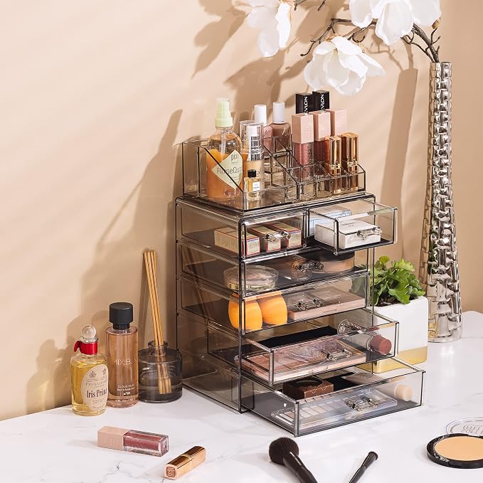 Sorbus Acrylic Makeup Organizer Set, 6-Drawer Vanity & Countertop Cosmetic Storage with Small & Wide Compartments, Black-Tint Makeup Storage for Brushes, Jewelry – Holiday Gift for Women & Teens - Image 5