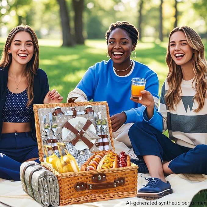 Picnic Basket Set for 4 with Waterproof Blanket Mat Insulation Bag Wicker Floral Brown Classic Fresh for Christmas Thanksgiving Wedding Birthday Camp Outdoor Beach Travel - Image 8