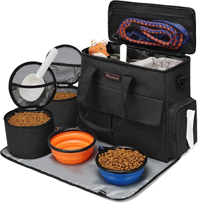 Modoker Dog Travel Bag with 2 Food Bags, 2 Bowls and 1 Mat (Black) | Roomy Main Compartment | Multiple Functional Pockets | Water-Resistant Oxford Fabric | PVC Backing | Leak-Resistant Lining by Modoker