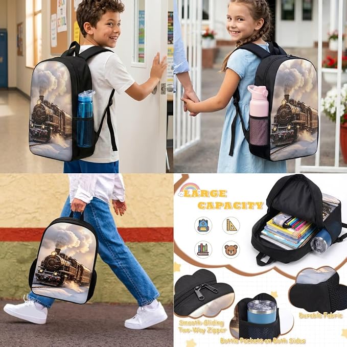 Steam Train Backpack with Lunch Box Kids Girls 6-8/8-10 Retro Bookbag for 2nd Grade Elementary School Back Pack and Lunchbox 4 in 1 Primary Schoolbag Set - Image 3