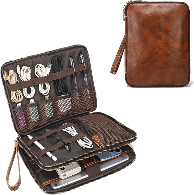 LANNSYNE Full Grain Leather Travel Cable Accessories Bag, Electronic Organizer Carry Case Double Layer Storage Case for Cables, Charger, Phone, Power Bank by LANNSYNE