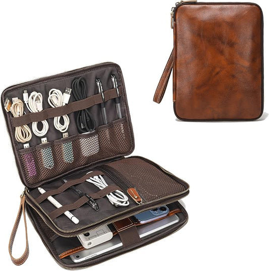 LANNSYNE Full Grain Leather Travel Cable Accessories Bag, Electronic Organizer Carry Case Double Layer Storage Case for Cables, Charger, Phone, Power Bank by LANNSYNE