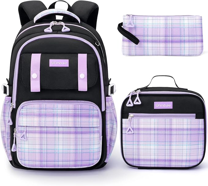 Fimibuke School Backpack for Girls, 3 PCS Waterproof Teen Girls Backpack with Lunch Box, Pencil Pouch Set, Cute Kids Bookbag School Bag for Elementary Middle High School Student Age 6+(Black & Purple) by Fimibuke