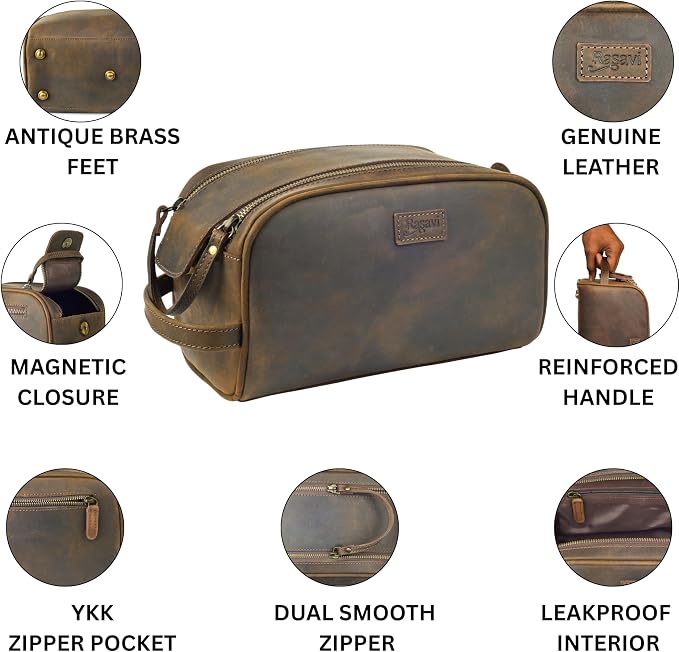 Rasavi Genuine Leather Travel Toiletry Bag, Handcrafted Vintage Water-Resistance Dopp Kit, Large Shaving & Bathroom Organizer - Gift for Men & Women - Rustic Town - Image 4