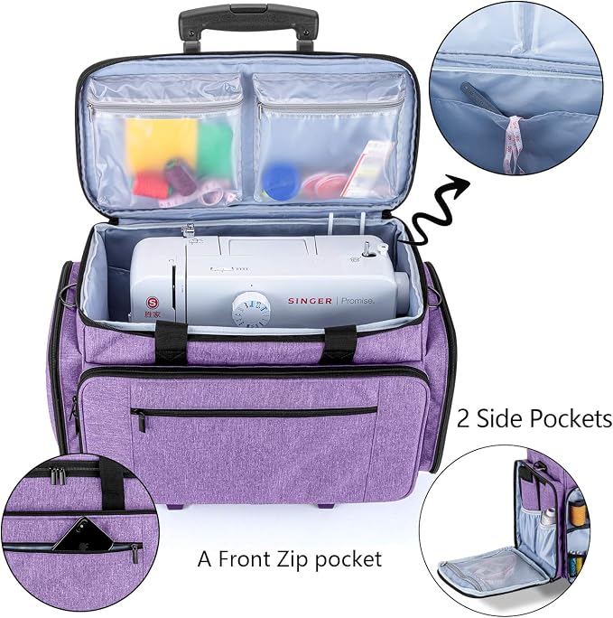 LUXJA Sewing Machine Case with Detachable Dolly, Purple | Rolling Tote with Removable Bottom Pad for Most Standard Sewing Machines, Patented Design - Image 3