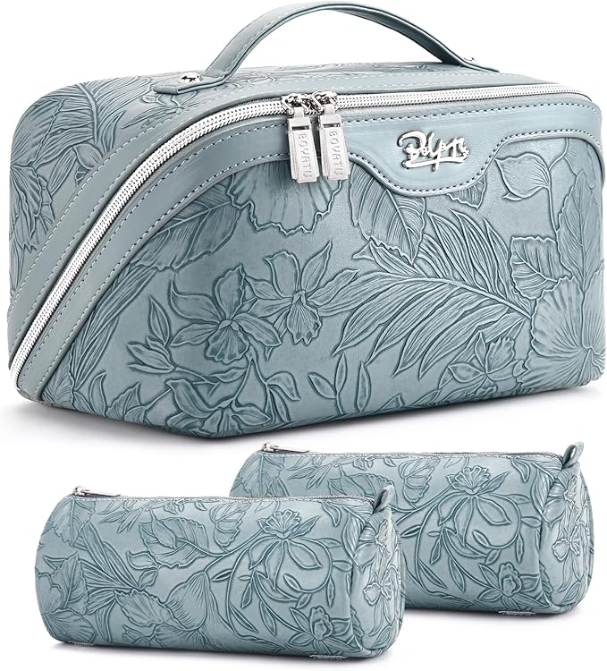 BOYATU Travel Makeup Bags Cosmetic Organizer Bag: 3 Pcs Set Large Capacity Floral Make up Bag with Compartments - Waterproof Leather Toiletry Bags with Handle for Women (01-Light Blue) by BOYATU