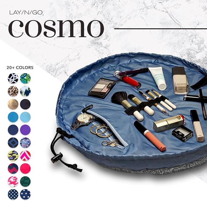 Lay-n-Go Cosmo Drawstring Cosmetic & Makeup Bag Organizer - Portable Drawstring Makeup Bag w/Zipper Pocket, Makeup Loops & More - Durable, Machine Washable Toiletry Bag (20", Comfort/Blue) - Image 4