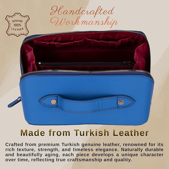 VENOULT Makeup Bag, Spacious Cosmetic Case for Women, Portable 180° Wide-Open Flat Cosmetic Bag, Travel Toiletry Organizer with Handle, Hanmdade, Full Grain Genuine Turkish Leather (Fun Blue) - Image 4