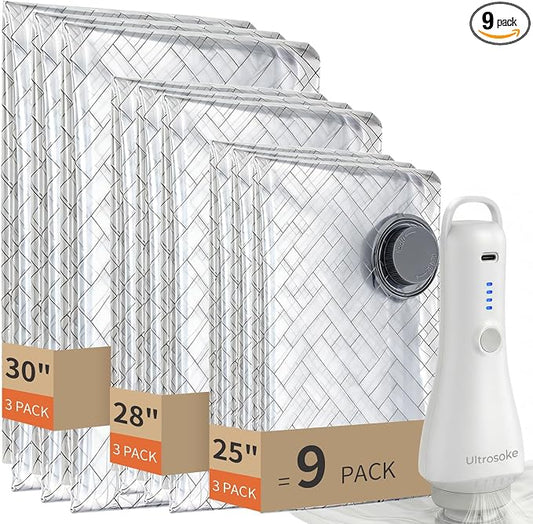 Vacuum Seal Bags for Clothing Travel Space Saver Storage with Pump Electric | Vacuum Storage Bags for Clothes, Luggage, Suitcase, Seasonal Storage Compression Packing Organizer, 9 Combo Travel Size by Ultrosoke