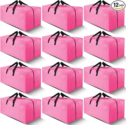 Cosy Family 12 Pack Heavy Duty Extra Large Moving Bags with Backpack Straps - Strong Handles & Zippers, Storage Totes For Space Saving, Fold Flat, Alternative to Moving Box, Pink by Cosy+Family