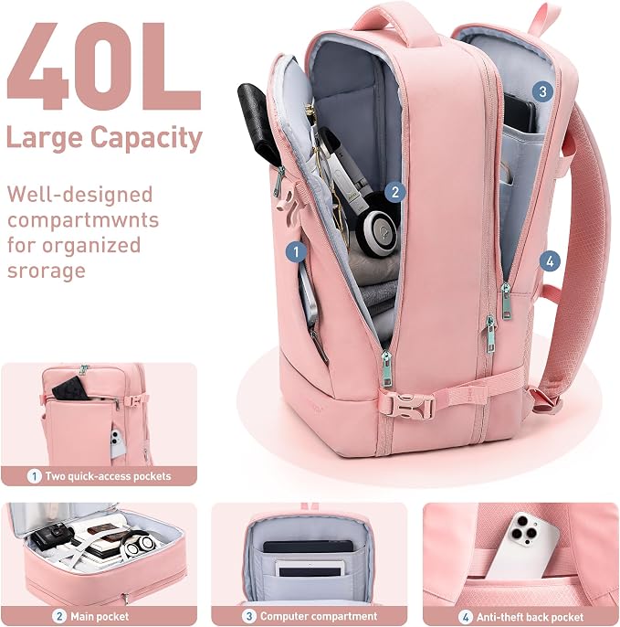 SHOWKOO Laptop Backpack for 17 Inch Laptop, 40L Expandable Large Capacity Backpack, TSA Carry On Travel Backpack with Padded Laptop Compartment, Water-Resistant College & Commuter Bag, Pink - Image 4