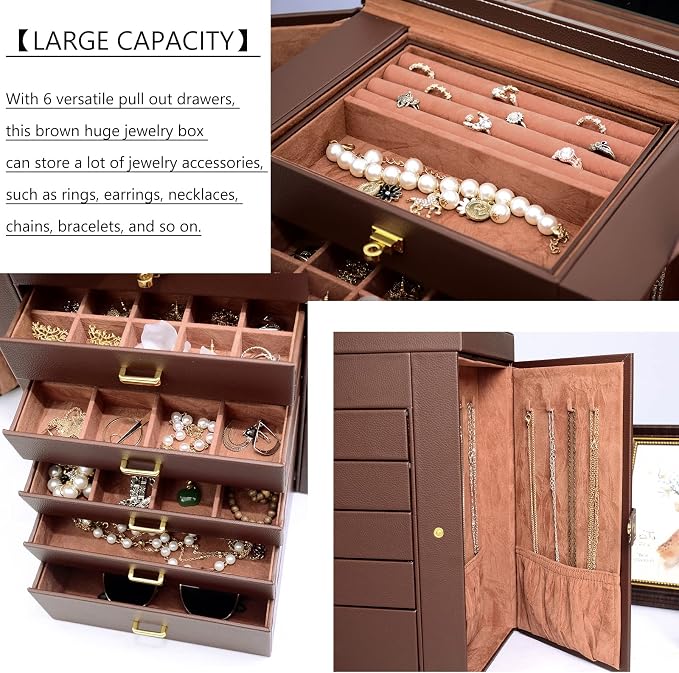 AKOZLIN 6-Tier Jewelry Box Organizer Functional 5 Drawers Leather Jewelry Storage Case for Women Girls Ring Necklace Earring Bracelet Holder Organizer with Mirror Extra Large Brown - Image 4