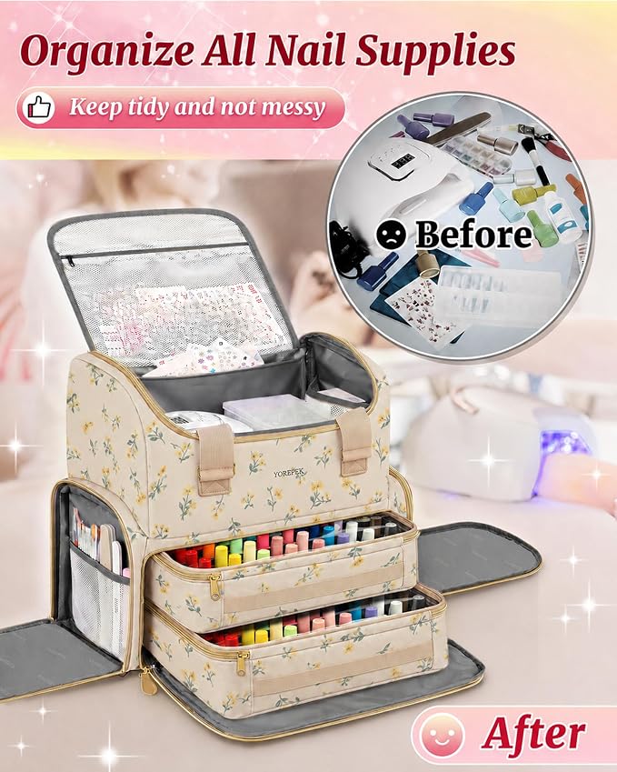 YOREPEK Nail Kit Organizer Backpack, Holds 96 to 100+ Bottles | Nail Supply Organizer for Nail stuff, Beige Floral Nail Polish Holder Organizer, Ideal Gifts for Manicurist, Golden Daisy - Image 5