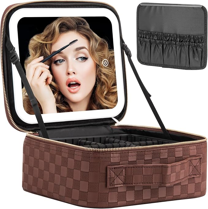 Extrei Gent Makeup Travel Train Case with Mirror LED Light 3 Adjustable Brightness Large Cosmetic Bag Portable Storage Adjustable Partition Waterproof Makeup Brushes Make up Jewelry Gift for Women by Extrei+Gent