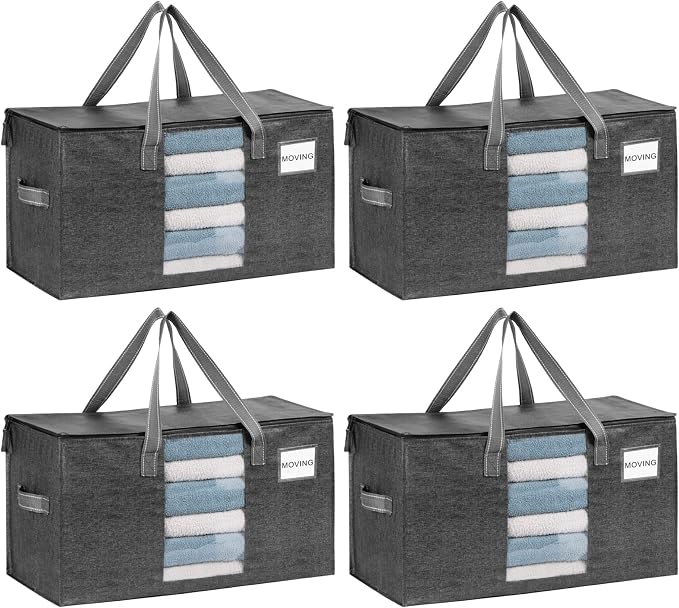 VENO 4 Pack Heavy Duty Moving Bags, Clothes and Comforter Storage Bags with Clear Window, College Dorm Essentials Packing Supplies, Foldable Boxes Alternative (Gray, 4 Pack) by Veno