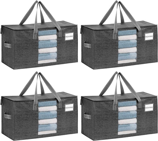 VENO 4 Pack Heavy Duty Moving Bags, Clothes and Comforter Storage Bags with Clear Window, College Dorm Essentials Packing Supplies, Foldable Boxes Alternative (Gray, 4 Pack) by Veno