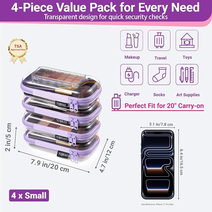 YQBRAO 4-Pack Clear Hard Shell Zipper Case, 1.2mm Ultra-Thick Diaper Bag Organizer Pouches, Rigid Self-Standing Travel Makeup Bags with YKK Zippers, TSA Approved, Purple - Image 4