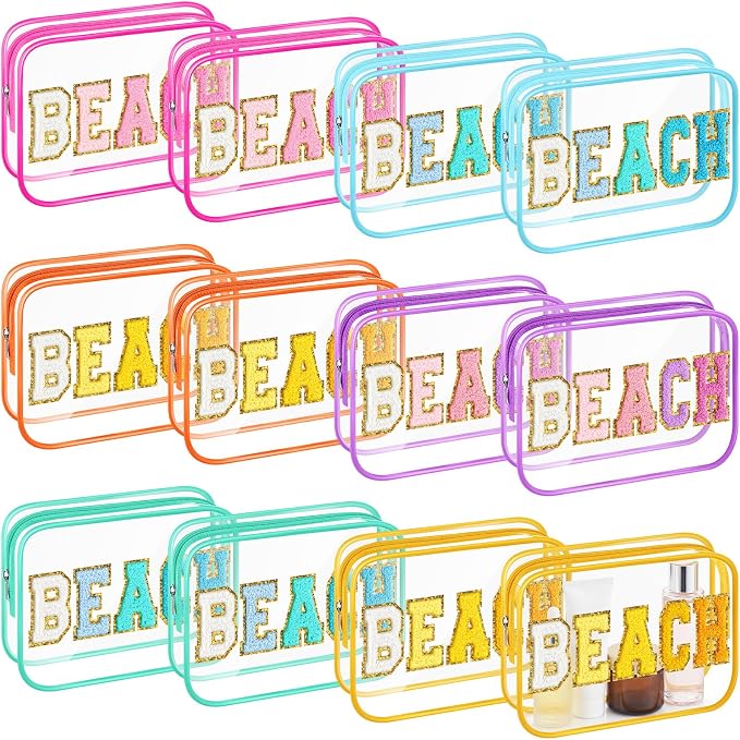 Kacctyen 12 Pack Clear Beach Makeup Bag with Chenille Letter Patch Travel Toiletry Bags Waterproof PVC Cosmetic Organizer for Women Girls Pool Beach Vacation Summer Essential Gifts, 6 Colors by Kacctyen
