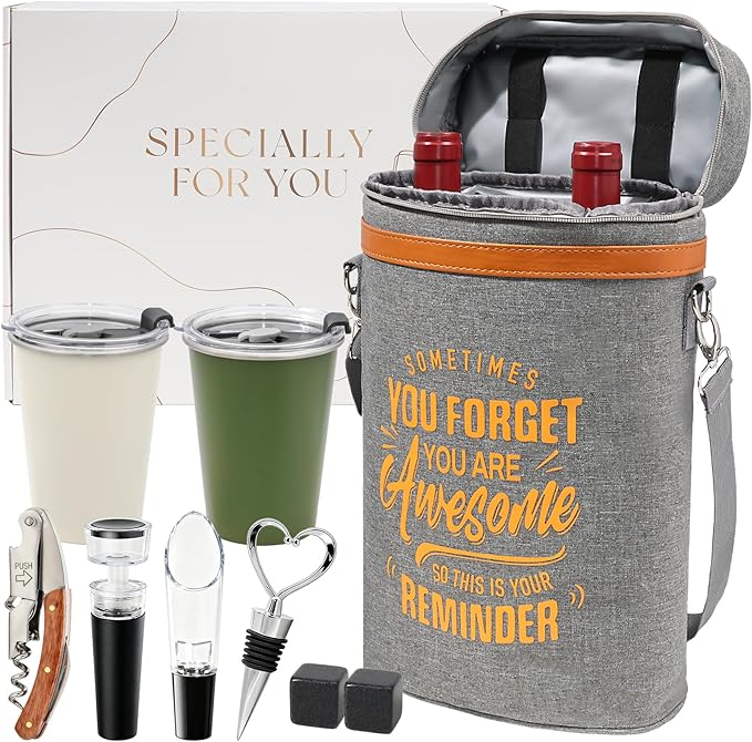 Wine Cooler Bag Gift Set with 2 Tumblers, Insulated Portable Wine Carrier Holds 2 Bottles, Perfect for Outdoor Use, Ideal Easter Birthday Anniversary Gift for Women & Men Wine Lovers by CUIJIALAHA