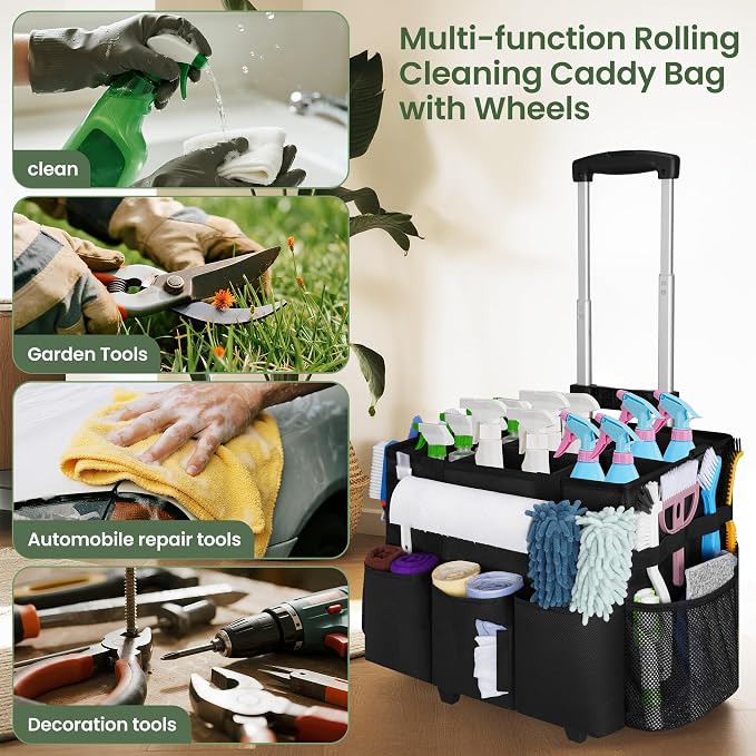 Large Rolling Cleaning Caddy with Detachable Trolley, Cleaning Supply Organizer Bag with Wheels & Multi-Pockets, Water-Resistant Cleaning Cart on Wheels for Housekeeping, Cleaner - Image 4