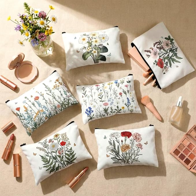 Sweetude 12 Pcs Flower Makeup Bags Bulk Portable Travel Cosmetic Bags with Zipper Wildflower Floral Waterproof Roomy Travel Toiletry Organizer Storage Pouch for Women Birthday Party Gifts - Image 2
