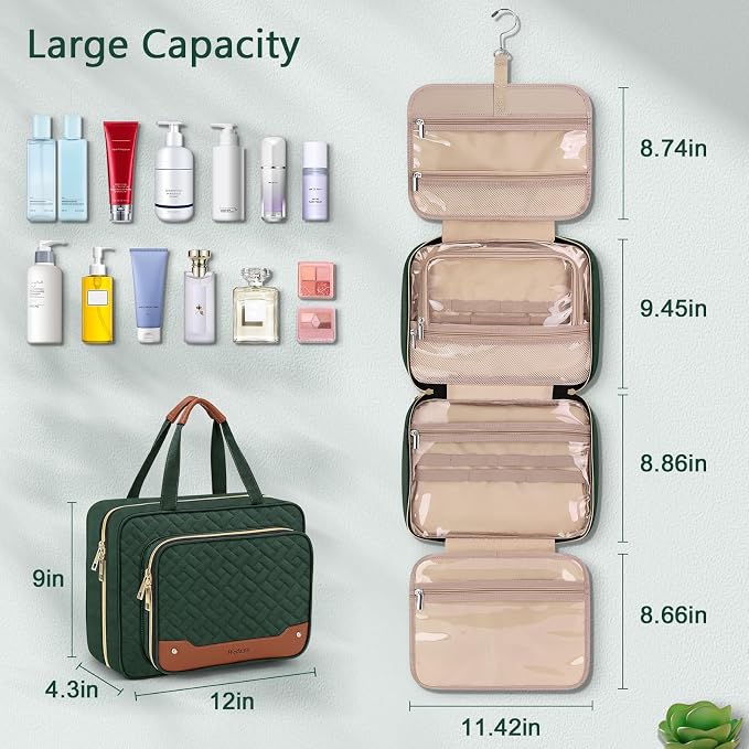 Wedama Toiletry Bag for Women, Hanging Travel Toiletry Bag with Jewelry Organizer Compartment Large Makeup Bag, PVC Waterproof Cosmetic Travel Bag Trips Camping Bathroom, Dark Green - Image 4