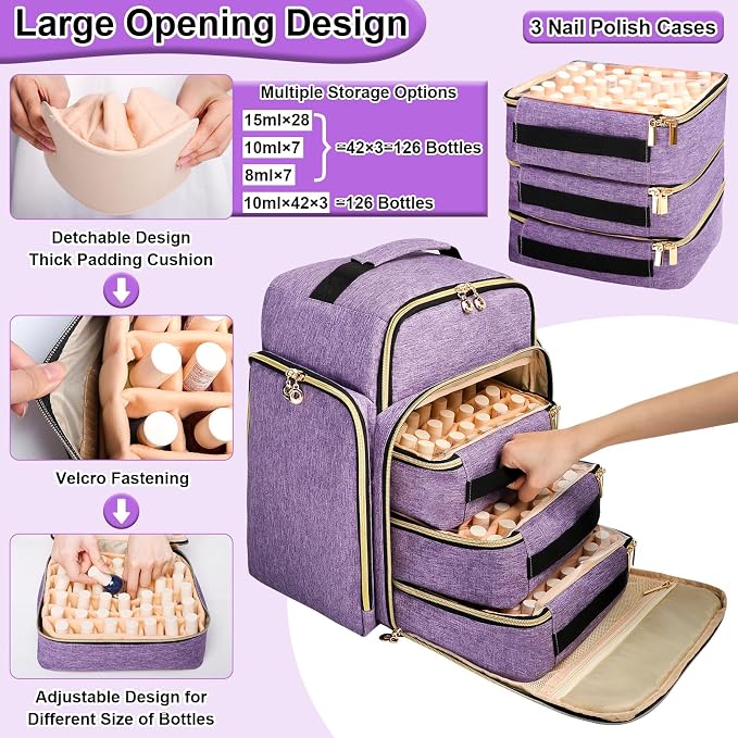 Nail Polish Organizer Backpack Holds 126 Bottles& Nail Lamp, Extra Large Nail Kit Supplies Organizer Bag with 3 Removable Cases, Portable Nail Organizers and Storage for Travel (Noble Purple) - Image 3