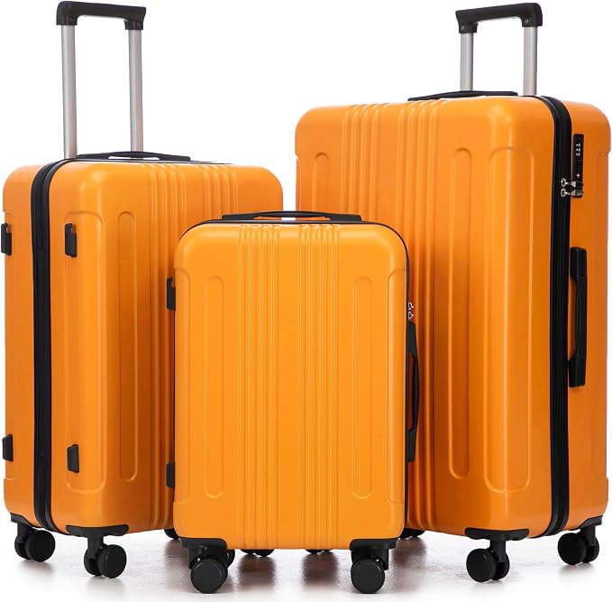 Hardshell Luggage Sets, Lightweight Stripes Suitcases with Spinner Wheels, Orange-222 by Merax