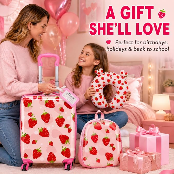 Sanwuta 4 Pcs Kids Luggage Set Back to School Gifts for Girls Boys Carry On Rolling Suitcase Backpack Neck Pillow Travel Set(17 Inch,Strawberry Style,Light Pink) - Image 7