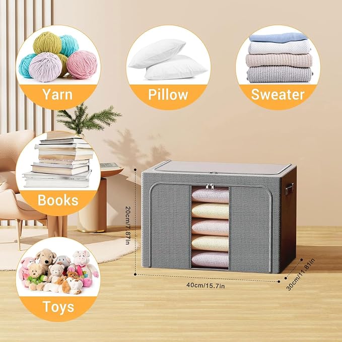 Clothes Storage Bins with Metal Frame, Foldable Clothes Organizers Storage Containers for Clothes, Sheets, Blankets, Pillows and Towels (24L, 3 Pack, Deep Grey) - Image 2