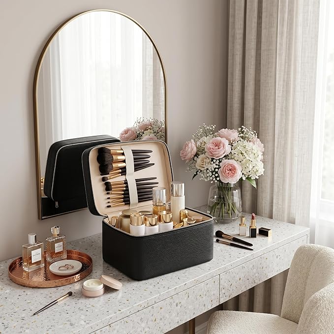 BAGOK Double Layer Makeup Vanity Case, Large Capacity Cosmetic Bag with Removable Divider & Brush Organizer, Travel Toiletry Bag for Women, Portable PU Leather Organizer with Handle - Image 7