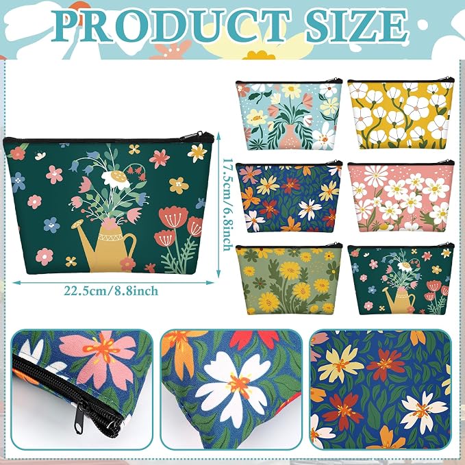 Sweetude 12 Pcs Colorful Flower Makeup Bags Bulk Portable Travel Cosmetic Bags with Zipper Watercolor Floral Waterproof Roomy Travel Toiletry Organizer Storage Pouch for Women Gifts - Image 4