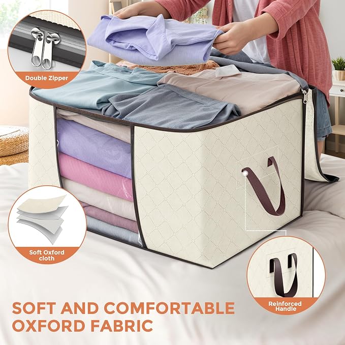 90L Large Storage Bags, 10 Pack Clothes Storage Bins Closet Organizers | Foldable Storage Containers, with Reinforced Handle, for Clothing, Blanket, Comforters, Bed Sheets, Pillows and Toys,Beige - Image 5