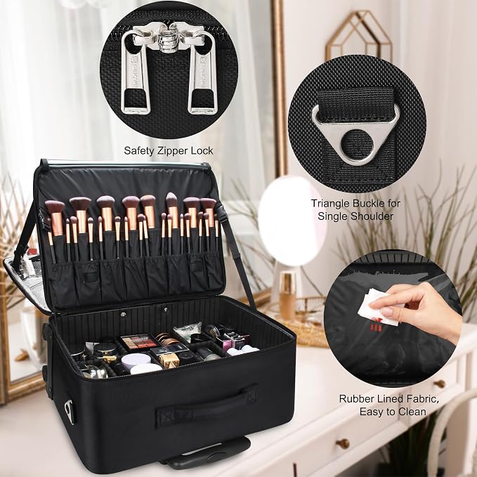 Relavel Extra Large Makeup Case Rolling Travel Train Case with 360° Spinner Wheels, 3 Layer with Insulation Compartment & Four Clear Storage Bags, Professional Makeup Artist Bag Set, Black - Image 6