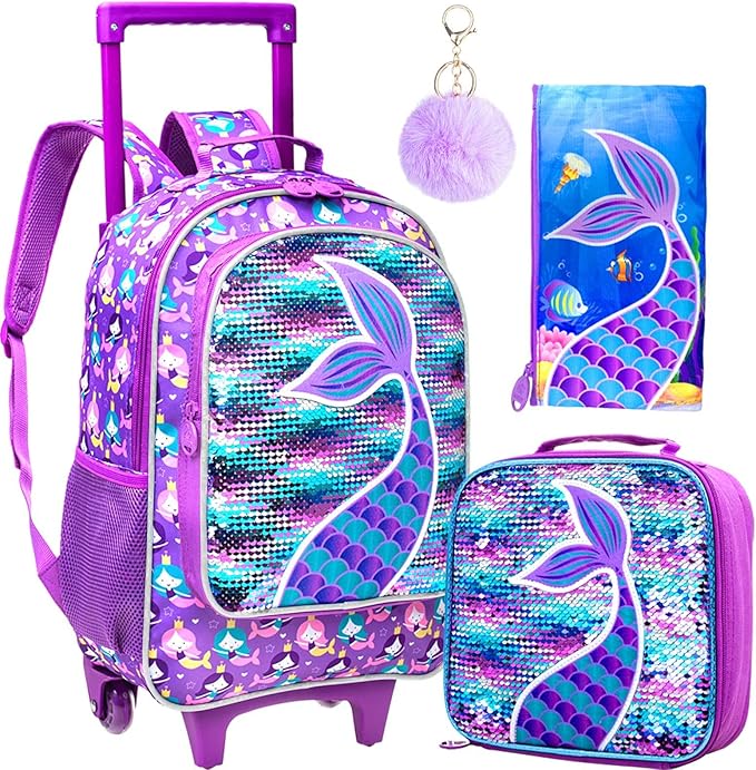AGSDON 3PCS Rolling Backpack for Girls Boys, Kids Roller Wheels Bookbag, Wheeled School Bag with Lunch Bag by AGSDON