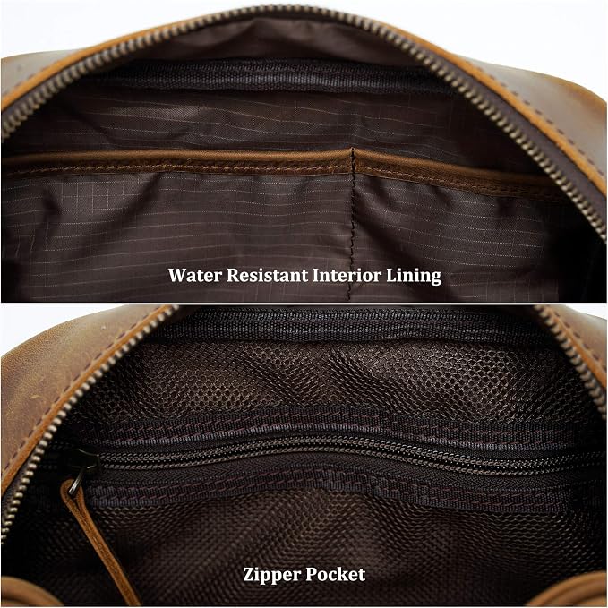 Polare Vintage Full Grain Leather Handmade Travel Toiletry Bag for Men - Dopp Kit - Shaving Kit with YKK Metal Zippers A-Brown - Image 6